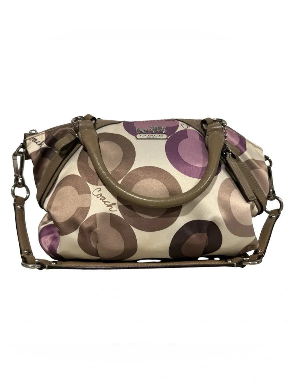 Coach Madison Clover Sophia satchel purse Op Art Pattern Purple Tan